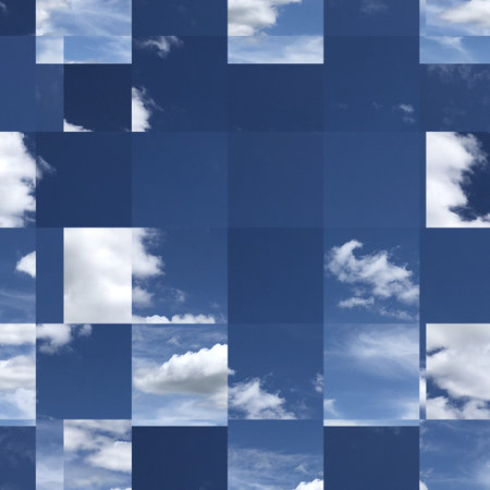 Blue sky with white clouds and square tiles. Abstract background for design.の写真素材