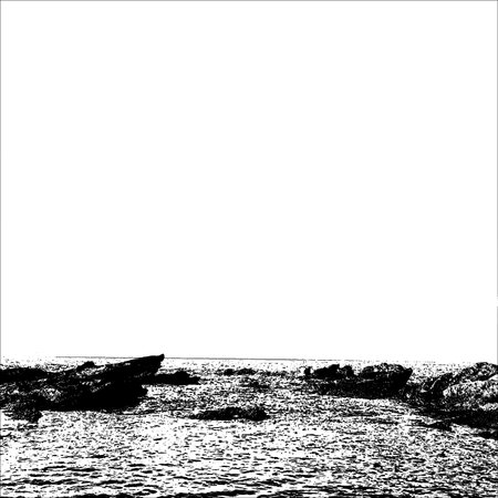 black and white image of the sea and the rocks on a white backgroundの写真素材