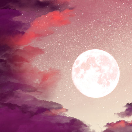 Super full moon with clouds and stars in the night sky. Digital painting.の写真素材