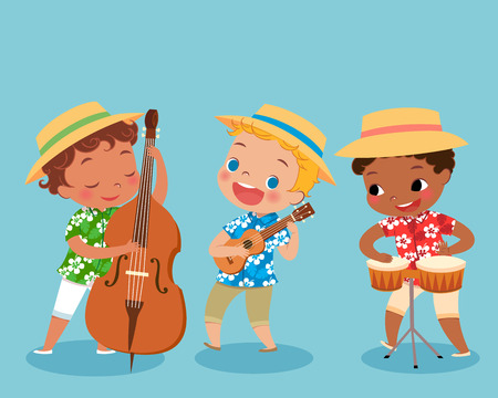illustration of children playing music instrument in hawaii shirt. boy playing bongo drum. boy playing ukulele. boy playing double bass.のイラスト素材