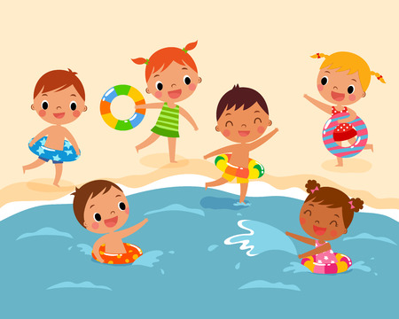 illustration of children with swim ring playing at the beach in summer timeのイラスト素材