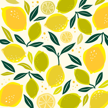 Seamless pattern with lemons and leaves. Vector illustration.のイラスト素材