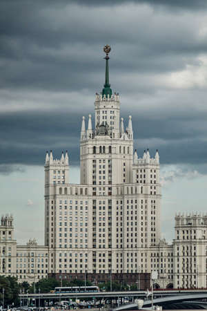 Kotelnicheskaya Embankment skyscraper, view from Moskva river. Moscow, Russia.の写真素材