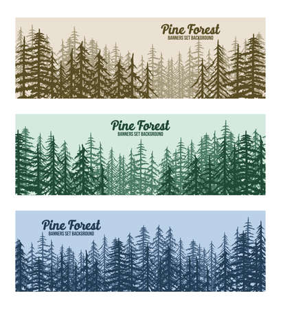JUNGLE FLAT PINE FOREST BANNERS SET WITH SUNRISE SUNSET PINE TREESのイラスト素材