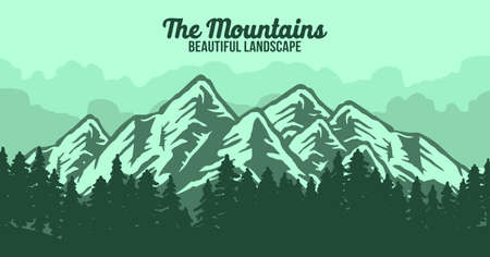 HORIZON NATURAL MOUNTAINS LANDSCAPE BACKGROUND WITH PINE FORESTのイラスト素材