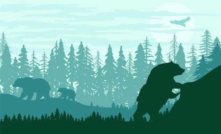 MODERN FLAT DESIGN BACKGROUND NATURAL LANDSCAPE PINETREE JUNGLE FOREST IN SUNRISE SUNSET SILHOUETTEのイラスト素材