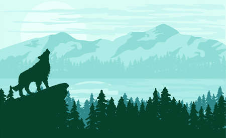 MODERN FLAT DESIGN BACKGROUND NATURAL LANDSCAPE PINETREE JUNGLE FOREST IN SUNRISE SUNSET SILHOUETTEのイラスト素材