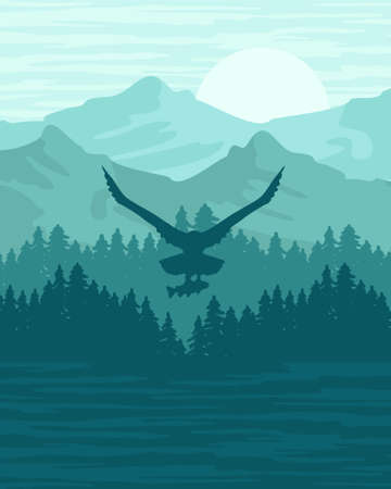 MODERN FLAT DESIGN BACKGROUND NATURAL LANDSCAPE PINETREE JUNGLE FOREST IN SUNRISE SUNSET SILHOUETTEのイラスト素材