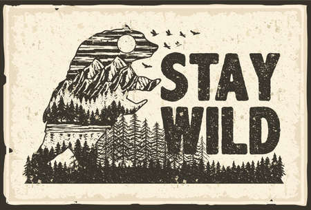 VINTAGE RETRO LOGO SILHOUETTE ANIMALS BACKGROUND POSTER CARD OUTDOOR ADVENTURE MOUNTAIN FORESTのイラスト素材