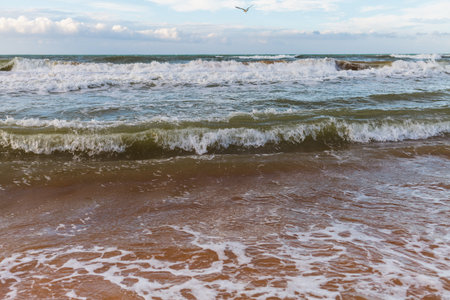 Sea waves in the sand large. The storm is coming. Ocean is shaking