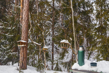 Tea from a flask in the winter forestの写真素材