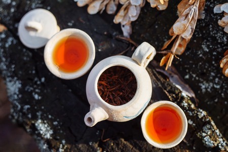 Clay white teapot with blue pattern and two drinking bowls with red tea in the forest on the stump. Top view on the open kettle. Autumn dayの写真素材