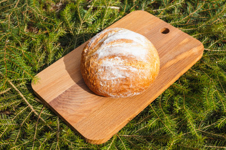 Fresh white bread on a cutting board against the background of green branches of spruce.