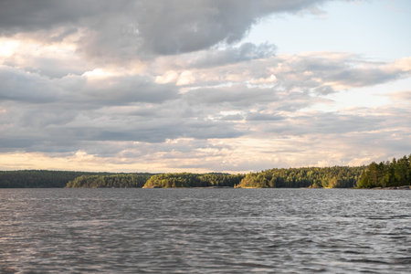 Ladoga lake. Panorama of the Republic of Karelia. Northern nature of Russia.