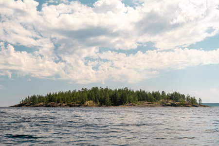 Ladoga lake. Panorama of the Republic of Karelia. Northern nature of Russia. island with pines.