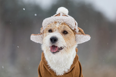 Portrait of the muzzle of a Jack Russell Terrier in a hat with earflaps and a brown jacket. snowing. Blur for inscription.の写真素材
