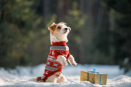 A girl in a sweater gives a Jack Russell Terrier dog a gift Jack in a winter spruce forest on the snow. christmas concept.の写真素材