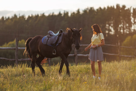 A young girl walks across a field. Portrait of a rider and a black horse against the background of a forest at sunset.の写真素材