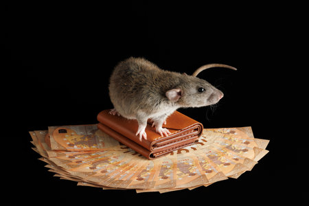 A brown rat stands on a wallet. Mouse and euro isolated on black background. Greedy rodent steals paper money.の写真素材