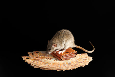A brown rat stands on a wallet. Mouse and euro isolated on black background. Greedy rodent steals paper money.の写真素材