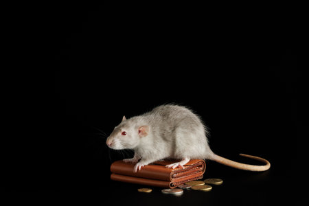 A gray rat lies on a wallet with coins. Mouse and money isolated on a black background. Greedy rodent steals coins.の写真素材