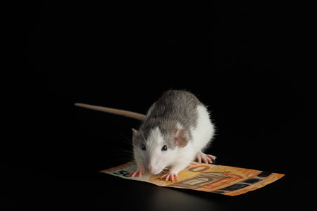 The colored rat is on the euro banknotes. Mouse and money isolated on a black background.