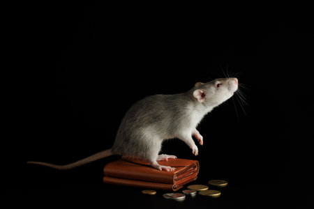 A gray rat stands on a wallet with coins. Mouse and money isolated on a black background. Greedy rodent steals coins.の写真素材