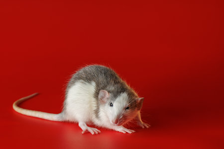 Colored black and white rat isolated on a red background. Close-up portrait of a mouse. The rodent stands on its hind legs. Photo for cutting and writing.の写真素材