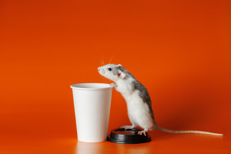 Rat with a paper cup. Mouse next to coffee. Portrait of a pest. Rodent isolated on orange background for lettering and headerの写真素材