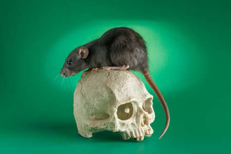 Rat on a human skull. Rodent isolated on a green background for inscription. Mouse and gnawed bonesの写真素材