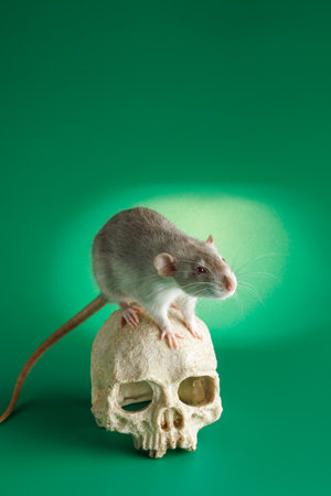 Rat on a human skull. Rodent isolated on a green background for inscription. Mouse and gnawed bonesの写真素材