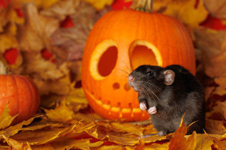 Black rat on a red background. Pumpkin on fallen maple leaves. Halloween holiday concept.の写真素材