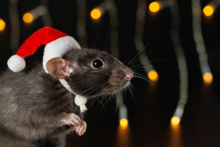 Colored rat in red Santa hat isolated on black background. Pet and festive blinking garland. Yellow blurred bokeh of burning bulbs. Holiday concept Christmas.の写真素材