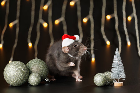 Colored rat in red Santa hat isolated on black background. Mouse, Christmas tree and balls. Pet and festive blinking garland. Yellow blurred bokeh of burning bulbs. Holiday concept Christmas.の写真素材