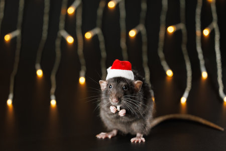 Colored rat in red Santa hat isolated on black background. Pet and festive blinking garland. Yellow blurred bokeh of burning bulbs. Holiday concept Christmas.の写真素材