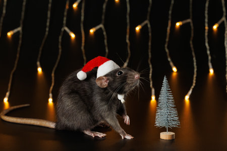 Colored rat in red Santa hat isolated on black background. Mouse and New Year tree. Pet and festive blinking garland. Yellow blurred bokeh of burning bulbs. Holiday concept Christmas.の写真素材