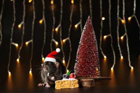 Colored rat in red Santa hat isolated on black background. Mouse, Christmas tree and cake. Pet and festive blinking garland. Yellow blurred bokeh of burning bulbs. Holiday concept Christmas.の写真素材