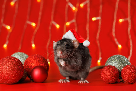 Colored rat on a red background. Mouse among Christmas balls. Pet in a Santa hat. Bokeh from blinking yellow lights of a festive garland. New Year concept.の写真素材