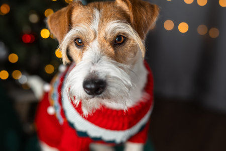 Dog in red sweater. Christmas tree decorated with balls and sparkling garlands. Wirehaired Jack...