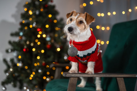 Dog in red sweater on green chair. Pet decorates New Year tree with balls. Wirehaired Jack Russell Terrier celebrates holiday. Christmas conceptの写真素材