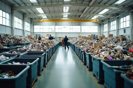 A large sorting warehouse filled with bins of different recyclable materials being organized by workers. The bright and spacious area has large windows letting in natural light.の素材