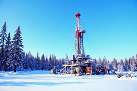 A modern oil drilling rig is extracting oil in a snowy landscape, surrounded by tall pine trees and a bright blue sky. The scene features snow-covered ground and equipment covered in frost.の素材