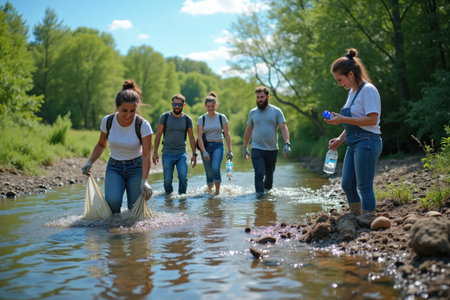 A group of volunteers is cleaning a polluted river, picking up plastic bottles and trash. The background shows a lush green forest and a bright blue sky.の素材