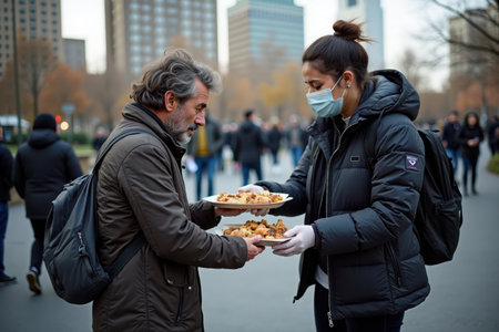 A volunteer wearing gloves and a mask is handing out a hot meal on a single plate to a scruffy, dirty homeless person with unkempt hair in a busy city park. The background features tall buildings and people walking by.の素材