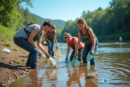 A group of volunteers is cleaning a polluted river, picking up plastic bottles and trash. The background shows a lush green forest and a bright blue sky.の素材