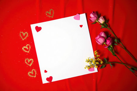 Background Copy-space for text. Blank love letter paper placed on bright red fabric, decorated with gold glitter, hearts and a bouquet of fresh flowers for Valentine's Dayの素材