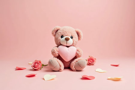 Background Copy-space for text. A cute teddy bear holding a heart sits on a soft surface, surrounded by Valentine's Day decorations like rose petals and small love notes.の素材