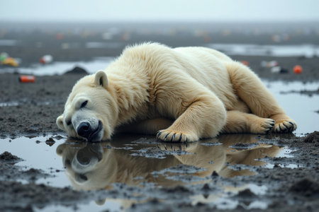 A dying polar bear gasps for air while lying on a muddy patch of land where the ice has melted. The once-frozen Arctic is barren, with scattered trash and no other animals in sight.の素材