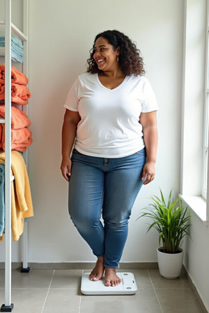 A plus-size woman stands on a scale in a bright bathroom, smiling at her progress. The background features colorful towels and a potted plant.の素材