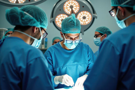 A surgeon is performing an operation in a sterile operating room with bright lights and advanced surgical instruments. The team is focused and professionalの素材